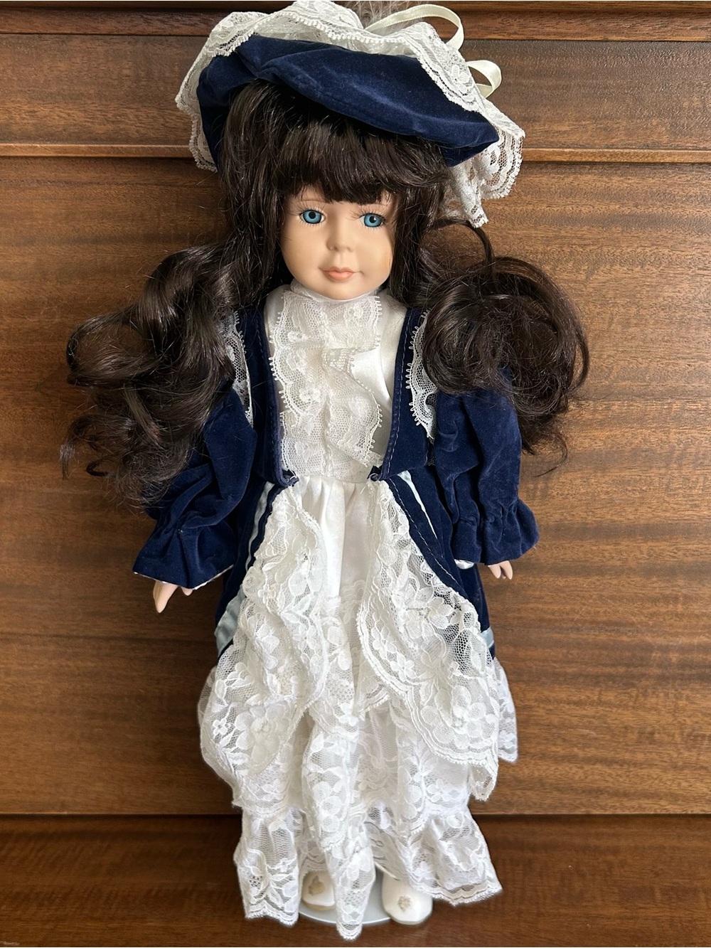 Seymour Mann Vintage 1990s 16” Porcelain Doll Brunette Blue Eyes Victorian